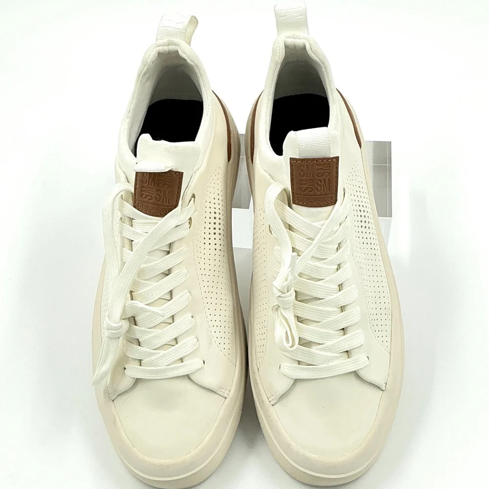 Steve Madden Mens Size 8 Cream Off White Perforated Low Top Sneakers Pyper
